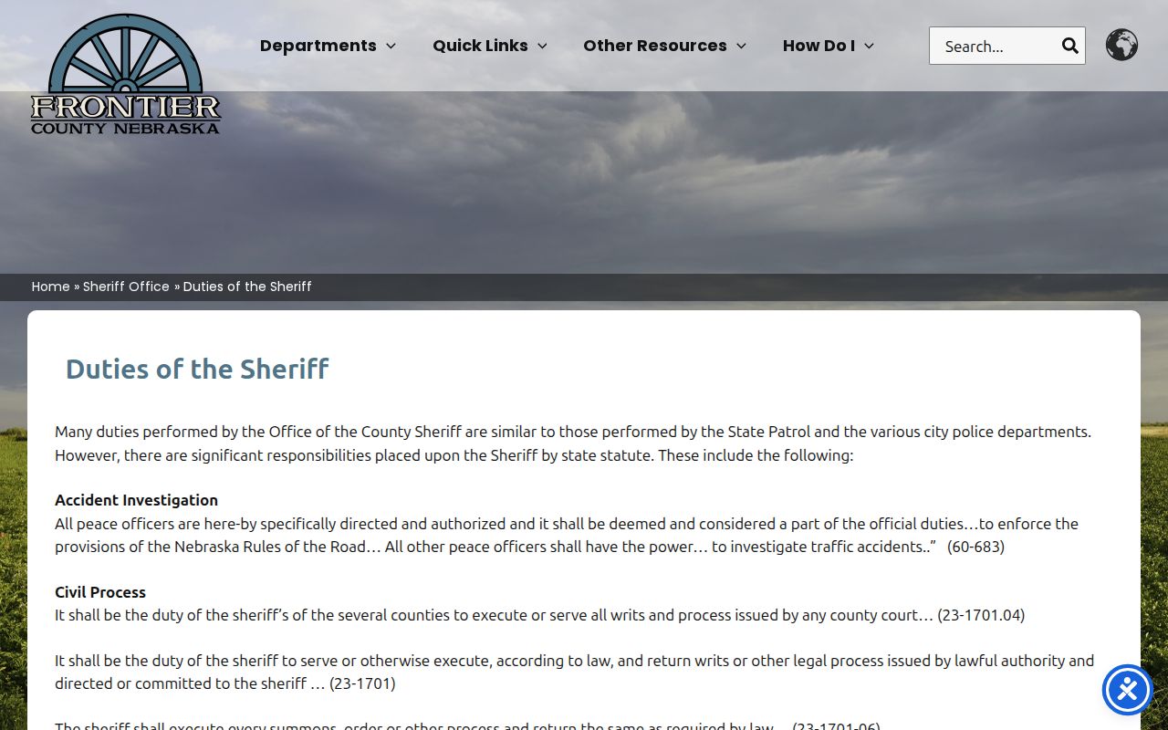 Frontier County Sheriff duties source for booking and jail records
